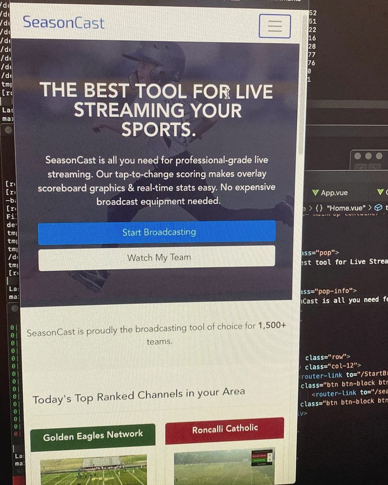 The SeasonCast website and its code on Max Smith’s monitor while he built it, 2020